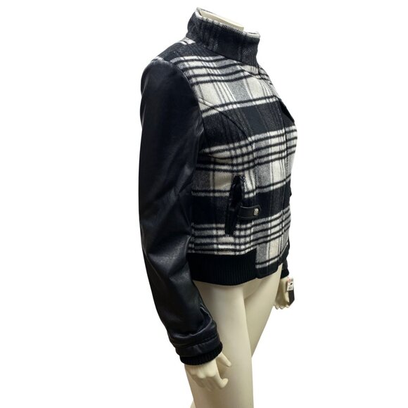 Guess Plaid & Faux Leather Womens Bomber Jacket With‎ Zipper & Pockets - Size M - Picture 3 of 10